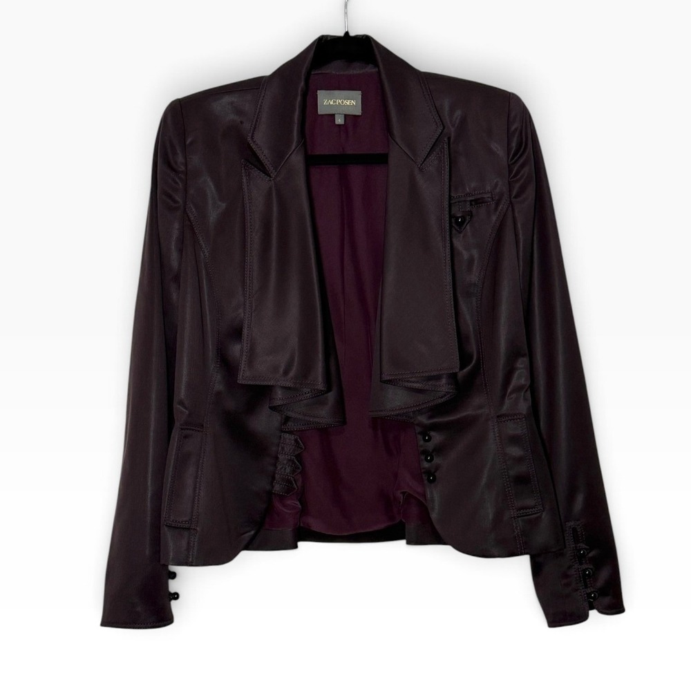 Zac Posen Jacket Size 6 Womens Plum Purple Ruffle Open Front Silk Blazer
